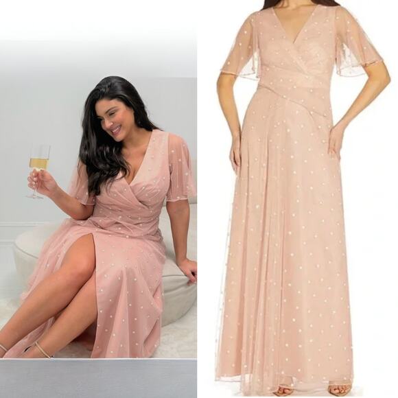 NWT ADRIANNA PAPELL DRESS GOWN PINK MESH SHEER FLUTTER SHORT SLEEVE METALLIC DOT - Picture 1 of 16